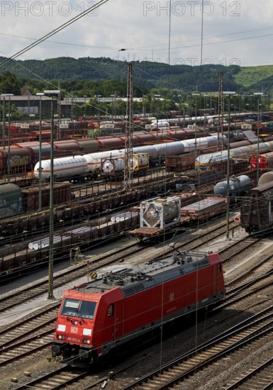Train formation yard in the Vorhalle district with locomotive, marshalling yard, goods trains, Hagen, Ruhr area, North Rhine-Westphalia, Germany, Europe
