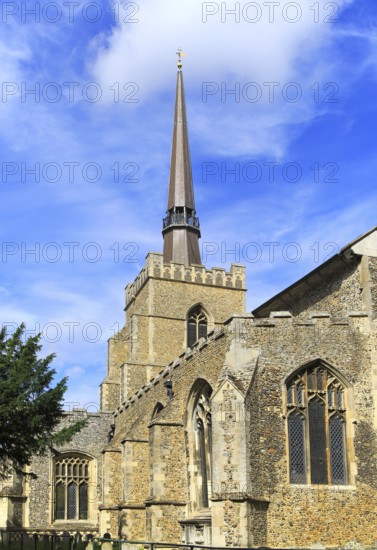 Elegant spire St Peter and St Mary church in town centre, Stowmarket, Suffolk, England, UK