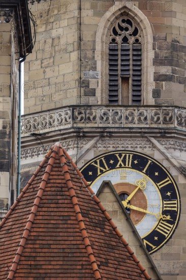 The two towers of the collegiate church, landmark of historic Stuttgart, detailed view with church clock, Baden-Württemberg, Germany, Europe