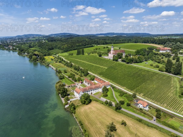 Aerial view of Maurach Castle on Lake Constance, below the Birnau pilgrimage church on a vineyard, Uhldingen-Mühlhofen, Lake Constance district, Baden-Württemberg, Germany, Europe