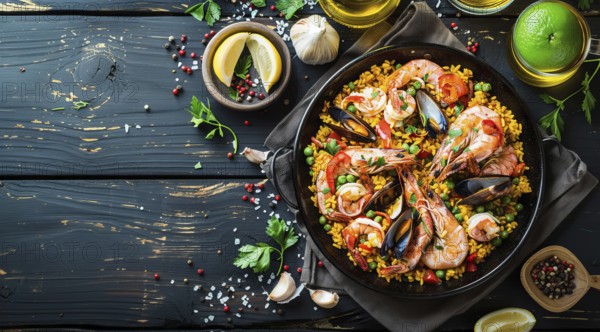 Authentic seafood paella senyoret on a wooden table., AI generated