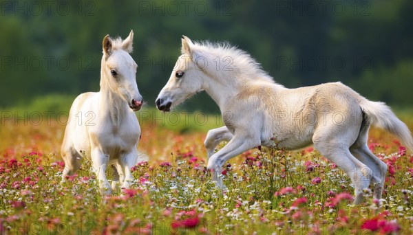 AI generated, Two young white foals playing on a flower meadow, Studio, AI generated