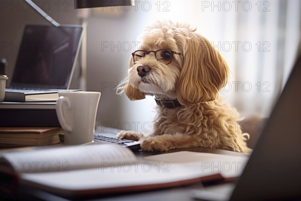 Small dog with glasses working at desk in office. KI generiert, generiert AI generated