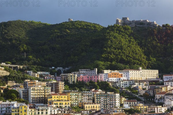 High angle view of apartment and condominium buidings plus mountainside, Salerno, Campania region, Salerno province, Italy, Europe