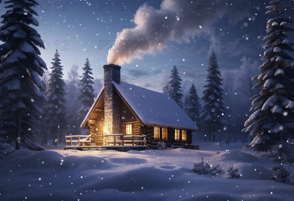 Peaceful winter cabin in the woods, with smoke rising from the chimney, AI generated