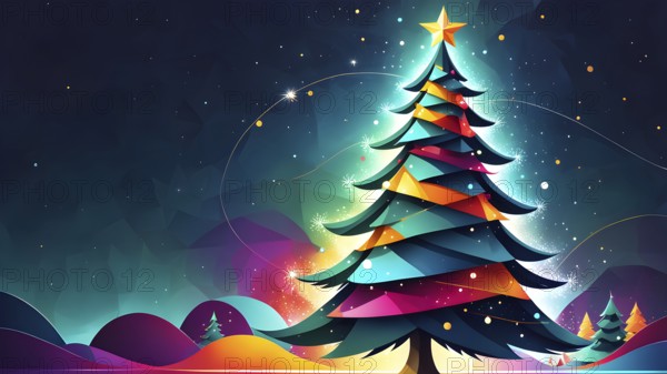 Abstract Christmas tree illustration with vibrant colors and geometric shapes, AI generated