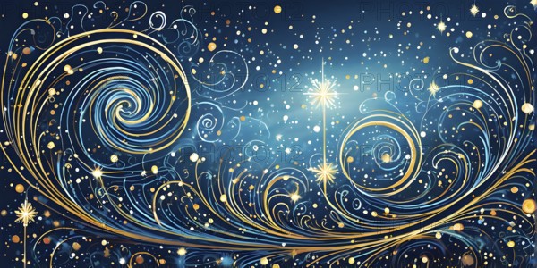 Festive illustration with swirling lines and sparkling textures to represent the joy and excitement of Christmas time, AI generated