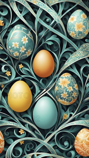 A whimsical abstract pattern with intertwined ribbons, eggs, and floral motifs, with a mix of sharp and soft lines creating depth, AI generated