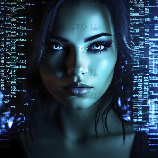 Portrait of a female with projected digital text in various fonts and sizes cascading across the background, AI generated
