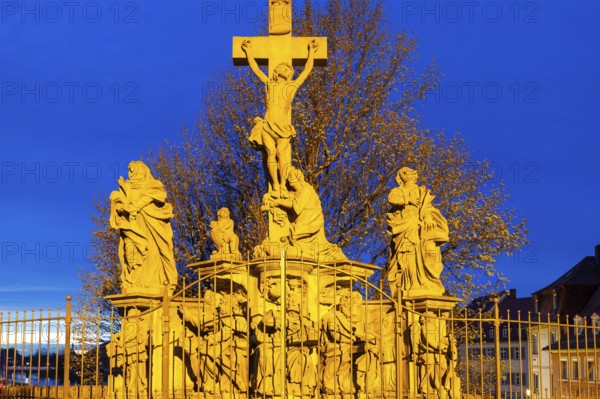 Crucifixion group at the town hall, historic old town, blue hour, Bamberg, Lower Franconia, Bavaria, Germany, Europe