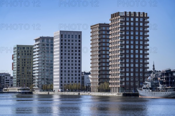 Kattendijkdok, harbour basin, high-rise residential buildings, apartment buildings, old harbour district, Het Eilandje of Antwerp, formerly disreputable, dingy district, now modern, hip district, with lots of culture, living space, leisure, gastronomy, trendy district, Flanders, Belgium, Europe