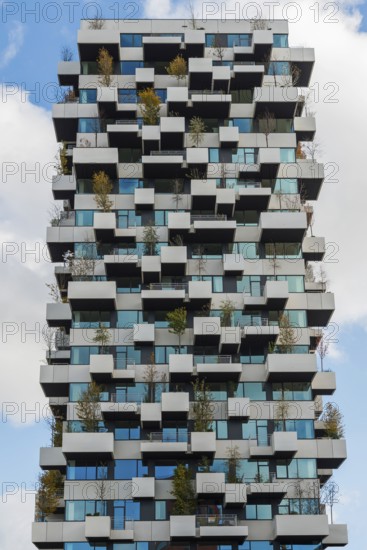 High-rise residential building with integrated planted trees, housing, architecture, rent, rent price, housing shortage, construction, construction industry
