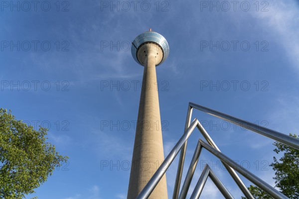 Rhine Tower television tower and energy pyramid on the banks of the parliament, state capital Düsseldorf, North Rhine-Westphalia, Germany, Europe