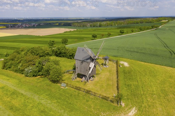 Aerial view of Liebschützberg with buck windmill, in the background the district of Laas, district of North Saxony, Saxony, Germany, Europe