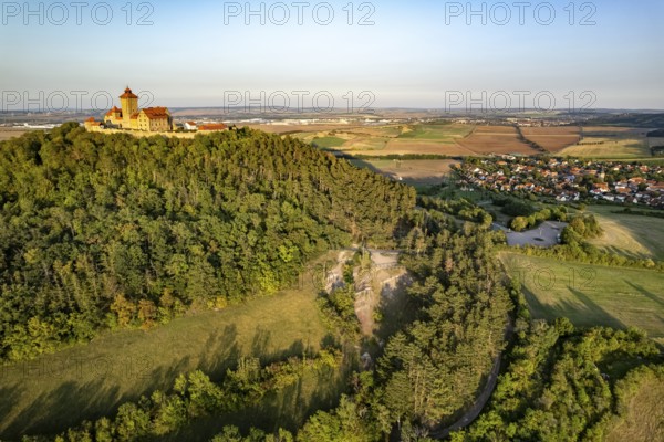Veste Wachsenburg and the district of Holzhausen seen from the air, Amt Wachsenburg, Thuringia, Germany, Europe