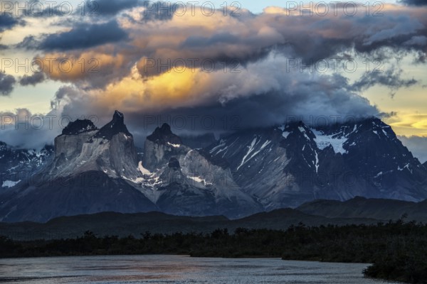 View over Lago Paine to the Cuernos and Torres del Paine, Torres del Paine National Park, Patagonia, Chile, South America