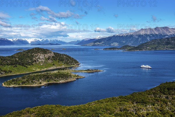 Cruise ship Ventus Australis in Wulaia Bay, Beagle Street, Ushuaia, Tierra del Fuego, Patagonia, Argentina, South America