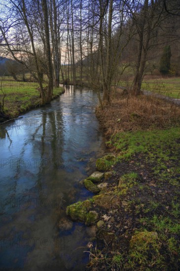 The river Trubach meanders through the Trubach valley, Egloffstein, Upper Franconia, Bavaria, Germany, Europe