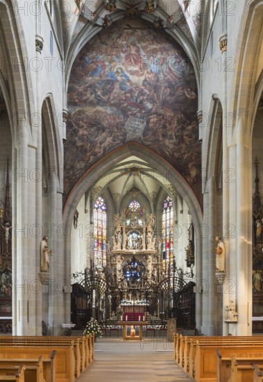 Überlingen, parish church of St Nicholas, view to the east, wall above the choir arch with fresco (The Last Judgement) by Jacob Carl Stauder 1722