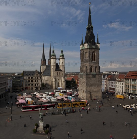 Halle S market place 54928, view from south-east with market church and red tower, below left Händel monument