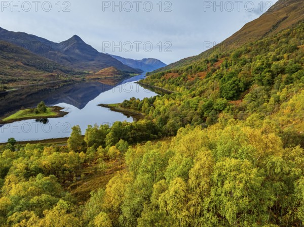 Fjord, coast, mountain landscape, reflection, island, autumn, autumn colours, aerial view, Loch Leven, Scotland, Great Britain