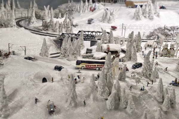 Snowy winter landscape at Miniatur Wunderland Hamburg, Germany, Europe