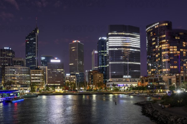 Skyline at Elisabeth Quay, blue hour, harbour, Perth, State of Western Australia, Australia, Oceania