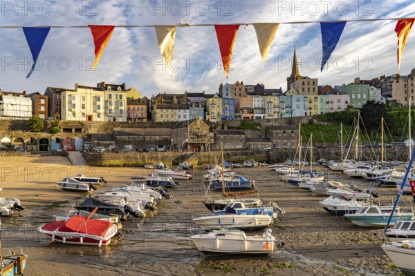 Town view with the harbour at low tide, Tenby, Wales, Great Britain