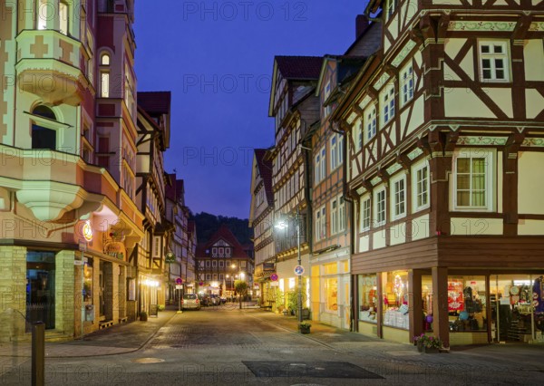 The Lange Straße in the old town centre of Hannoversch Münden with historic half-timbered houses in the evening. Hannoversch Münden, Lower Saxony, Germany, Europe