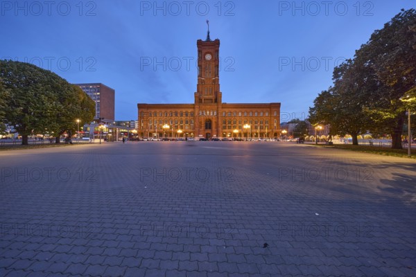 Red Town Hall with trees and square at dusk, Rathausstraße, Berlin, capital city, independent city, federal state Berlin, Germany, Europe