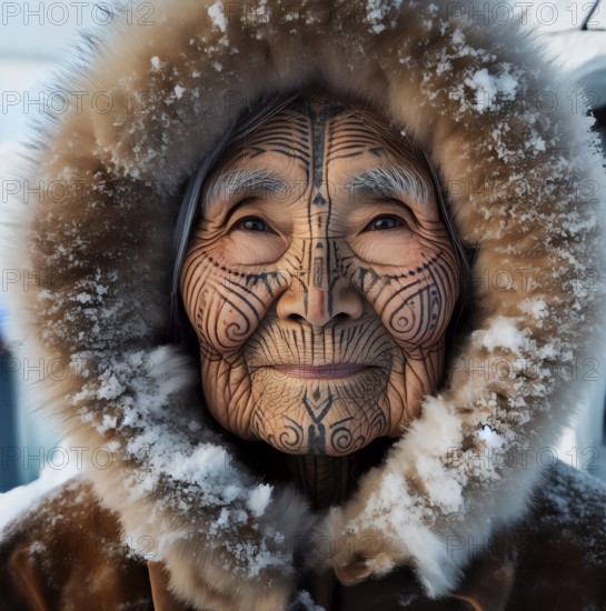 Portrait of a tattooed old woman of the Eskimo, the indigenous Inuit, AI generated, AI generated