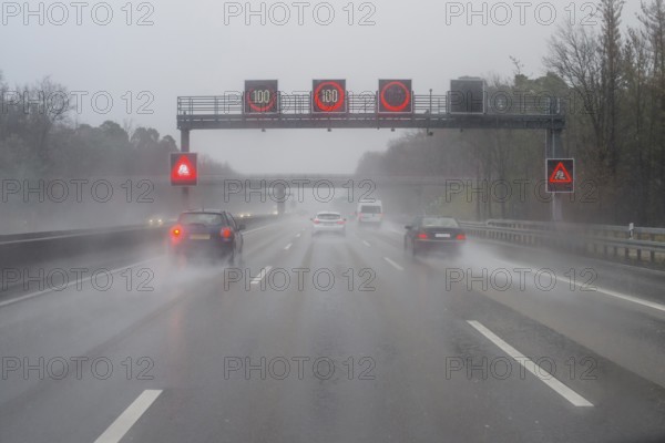 View from a Car Drive at Rain at the Road, Highway, A3, Frankfurt, Hesse, Germany, Europe