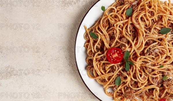 Spaghetti Bolognese, top view, close-up, no people, homemade