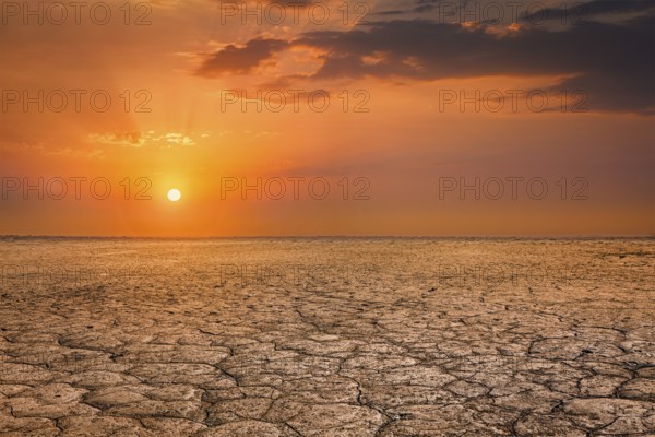 Global worming concept, cracked scorched earth soil drought desert landscape dramatic sunset