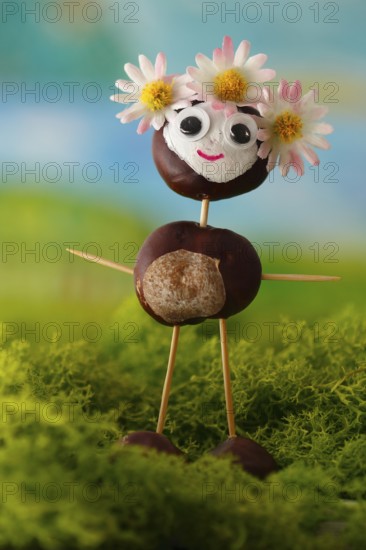 Chestnut figure with blossom headdress in the studio, North Rhine-Westphalia, Germany, Europe