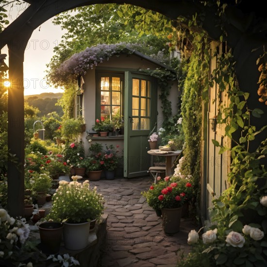 Plain Little tiny house in a floral garden with blooming flowers, AI generated