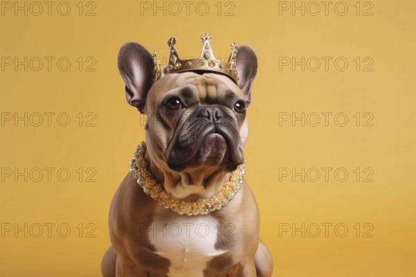 Spoiled fawn French Bulldog dog with golden crown and necklace on yellow background. KI generiert, generiert AI generated