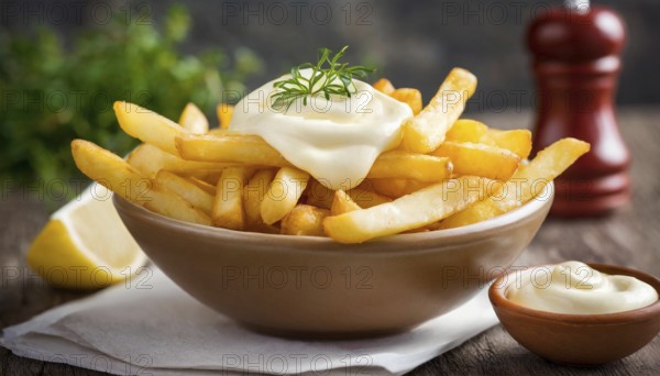 KI generated, A portion of chips in a bowl with mayonnaise and ketchup