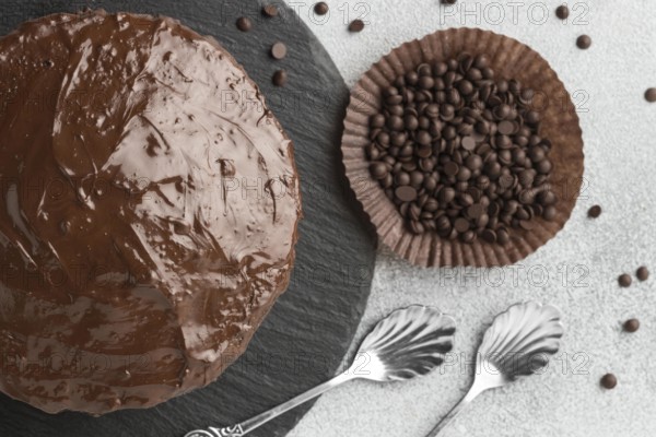 Top view chocolate cake with chocolate chips
