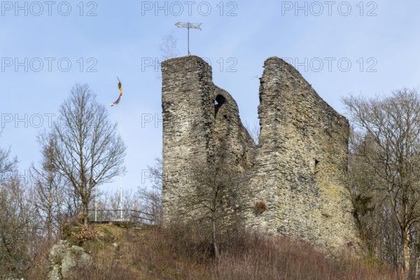 View of the Haller castle ruins in Monschau, Eifel, Germany, Europe