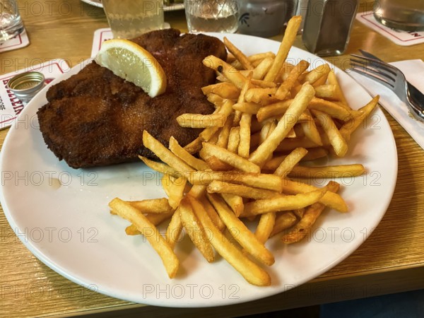 Schnitzel Viennese style with French fries, Hesse, Germany, Europe