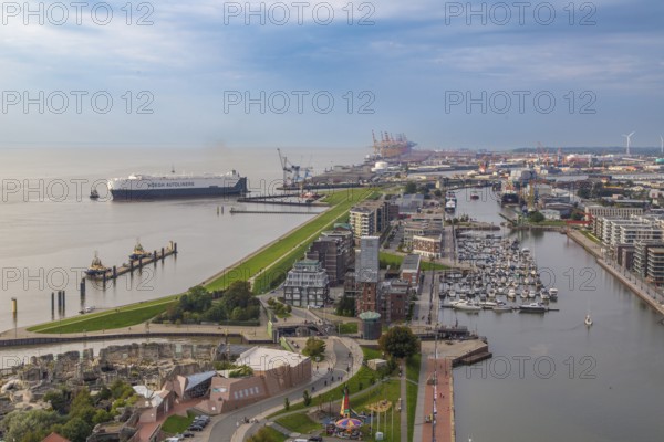 View of the overseas harbour from the 86-metre-high observation deck of the Atlantic Hotel Sail City, Bremerhaven, Germany, Europe