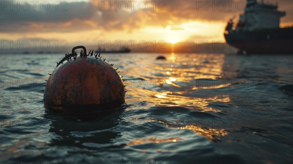 Danger to shipping and shipping routes of cargo ships and warships generated by sea mines in the sea, ki generated, AI generated