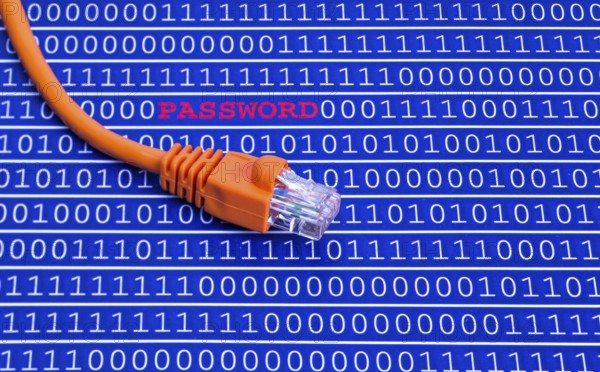 The photo shows a binary code with a network cable