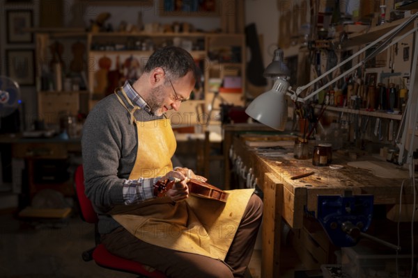 Luthier finishing a violin under controlled lighting, surrounded by woodworking tools in Cremona, Italy, Europe