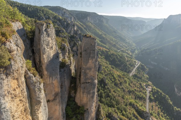 Landscape of a wild and preserved valley, canyon in the Cevennes national park. biosphere reserve by Unesco. Gorges de la Jonte. Aveyron, France, Europe
