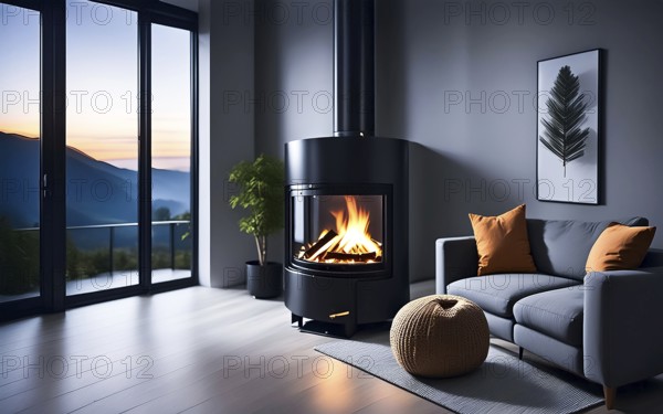 A wood-burning stove in a modern flat, AI generated, AI generated