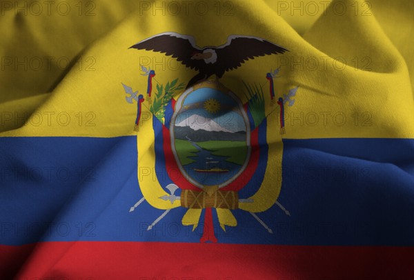 Closeup of Ruffled Ecuador Flag, Ecuador Flag Blowing in Wind