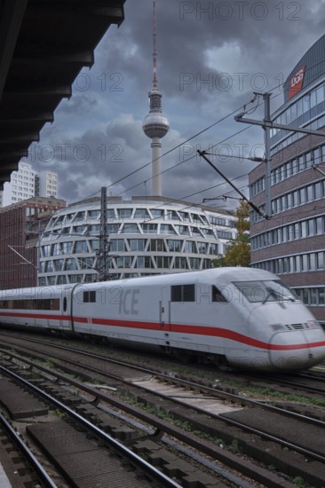 Germany, Berlin, 10 November 2023, ICC train, at Hackescher Markt S-Bahn station, TV tower, Europe