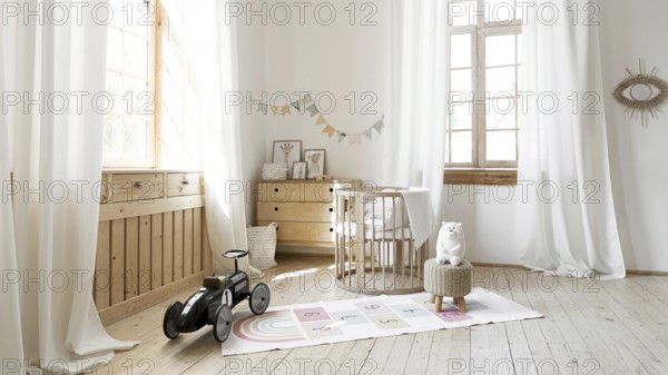 Front view child room with rustic interior design. Resolution and high quality beautiful photo